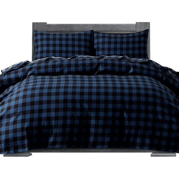 4-Piece Cotton Flannel Sheet Set, Deep Pocket Fitted, King, Buffalo Check Blue
