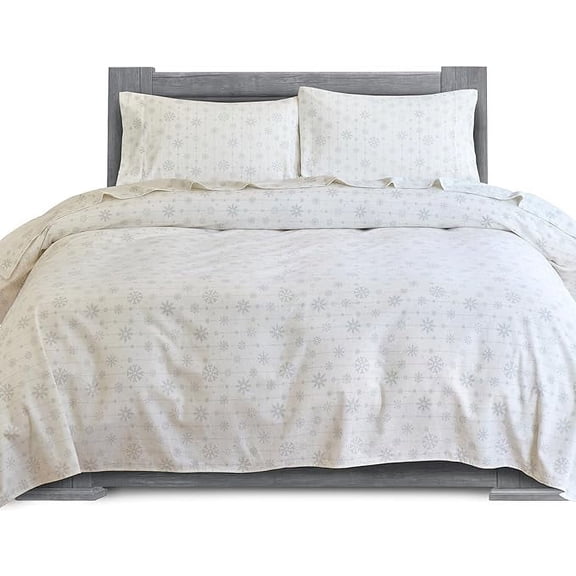 4-Piece Cotton Flannel Sheet Set, Deep Pocket Fitted, King, Snowflake Gray