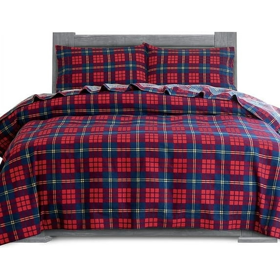 4-Piece Cotton Flannel Sheet Set, Deep Pocket Fitted, Twin, Plaid-Red/Navy
