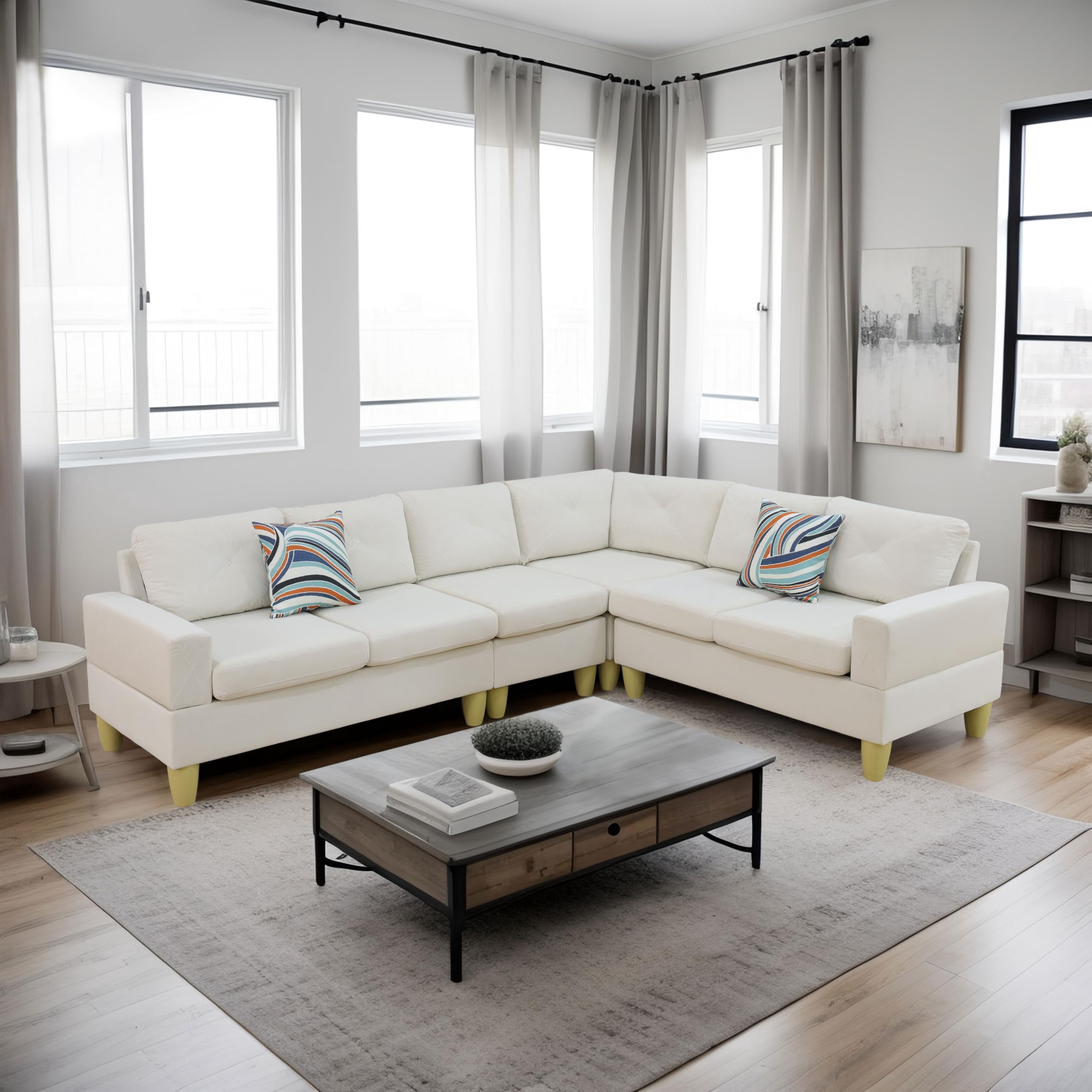 4-Piece Couch Living Room Sofa Set, 6 Seater Modular Sectional Couch L Shaped Corner Sofa, Beige