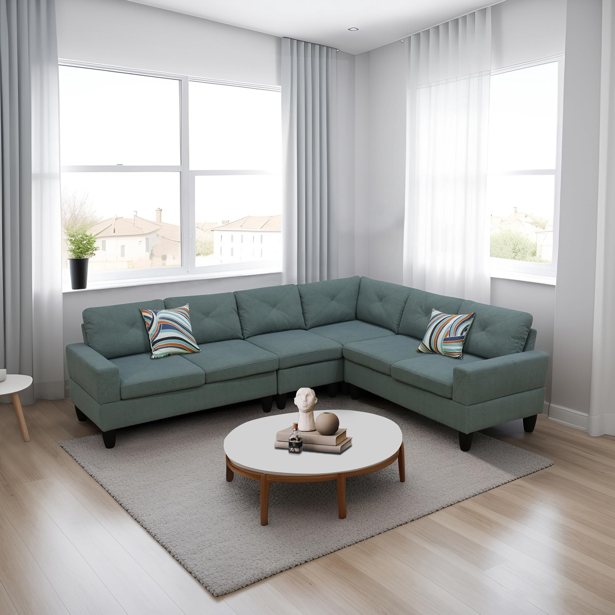 4-Piece Couch Living Room Sofa Set, 6 Seater Modular Sectional Couch L Shaped Corner Sofa, Dendrobium Green