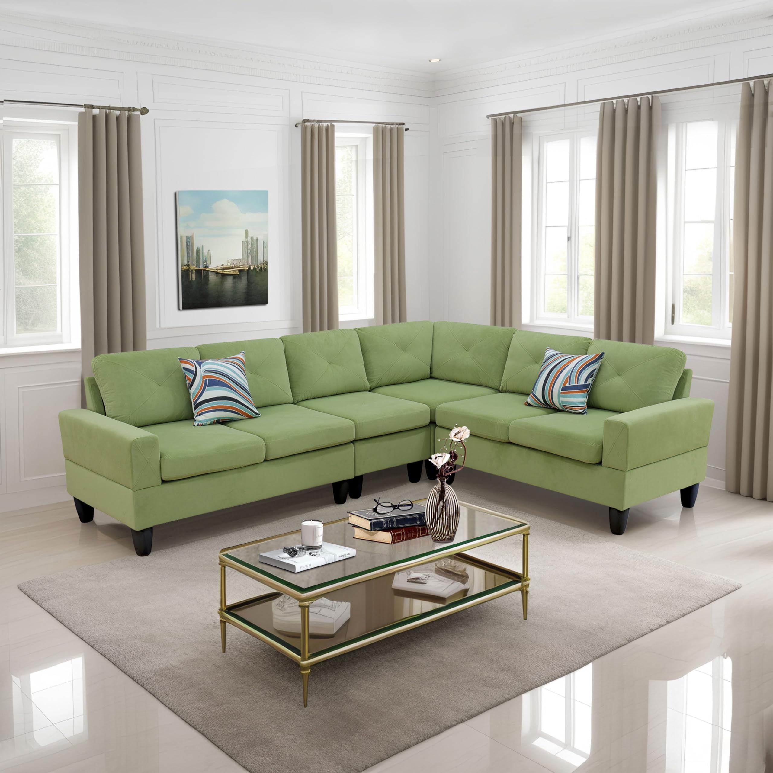 4-Piece Couch Living Room Sofa Set, 6 Seater Modular Sectional Couch L Shaped Corner Sofa, Green