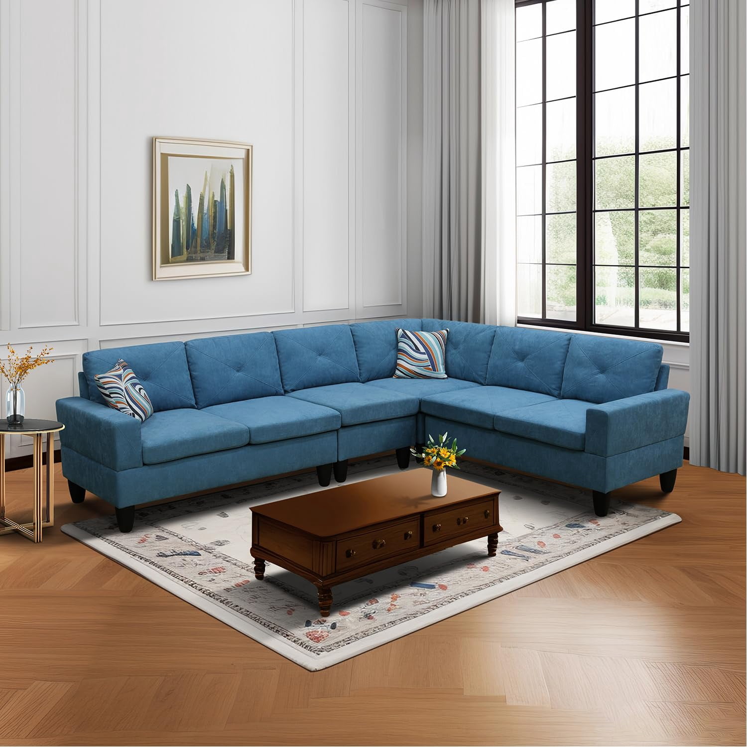 4-Piece Couch Living Room Sofa Set, 6 Seater Modular Sectional Couch L Shaped Corner Sofa, Lake Blue