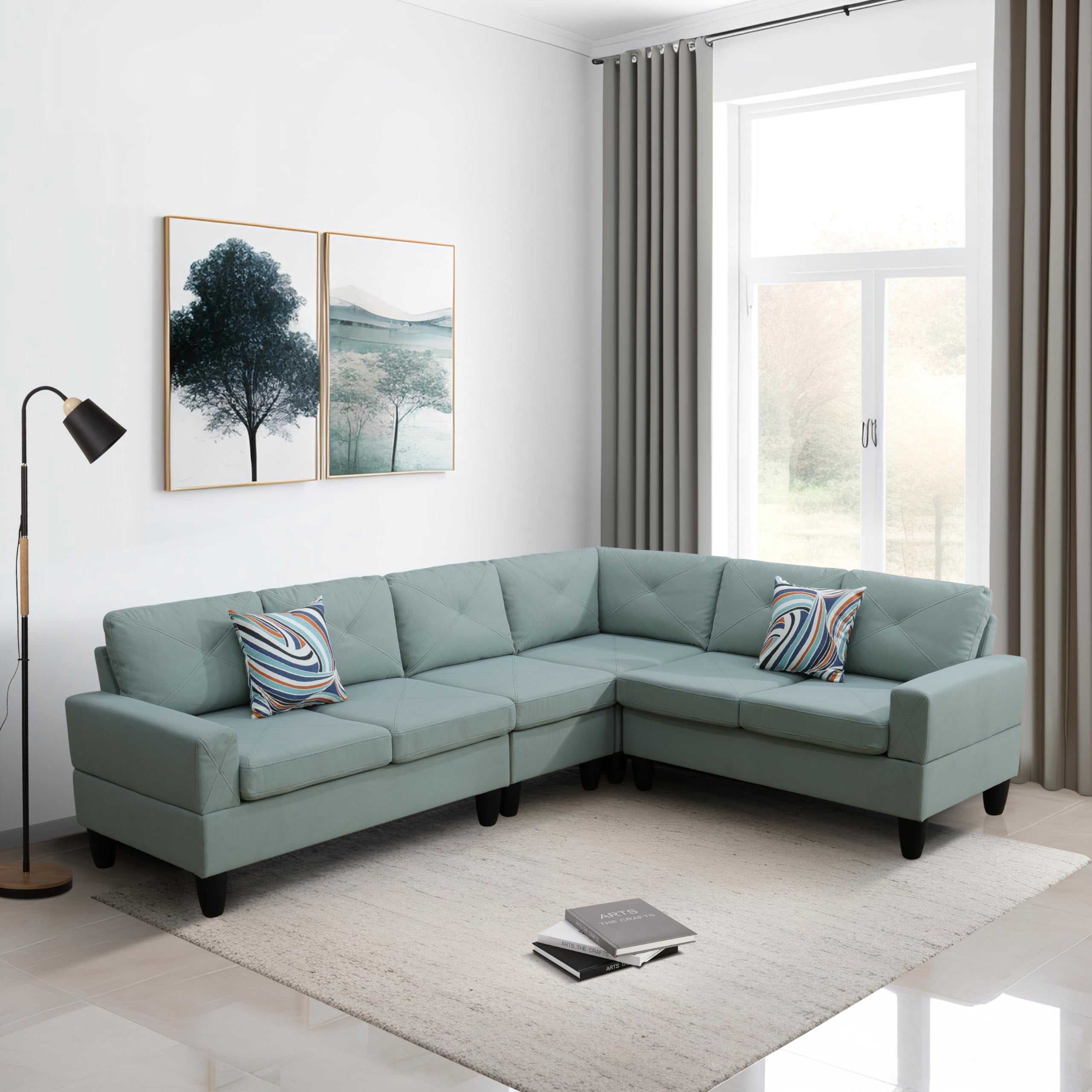 4-Piece Couch Living Room Sofa Set, 6 Seater Modular Sectional Couch L Shaped Corner Sofa, Pale Green