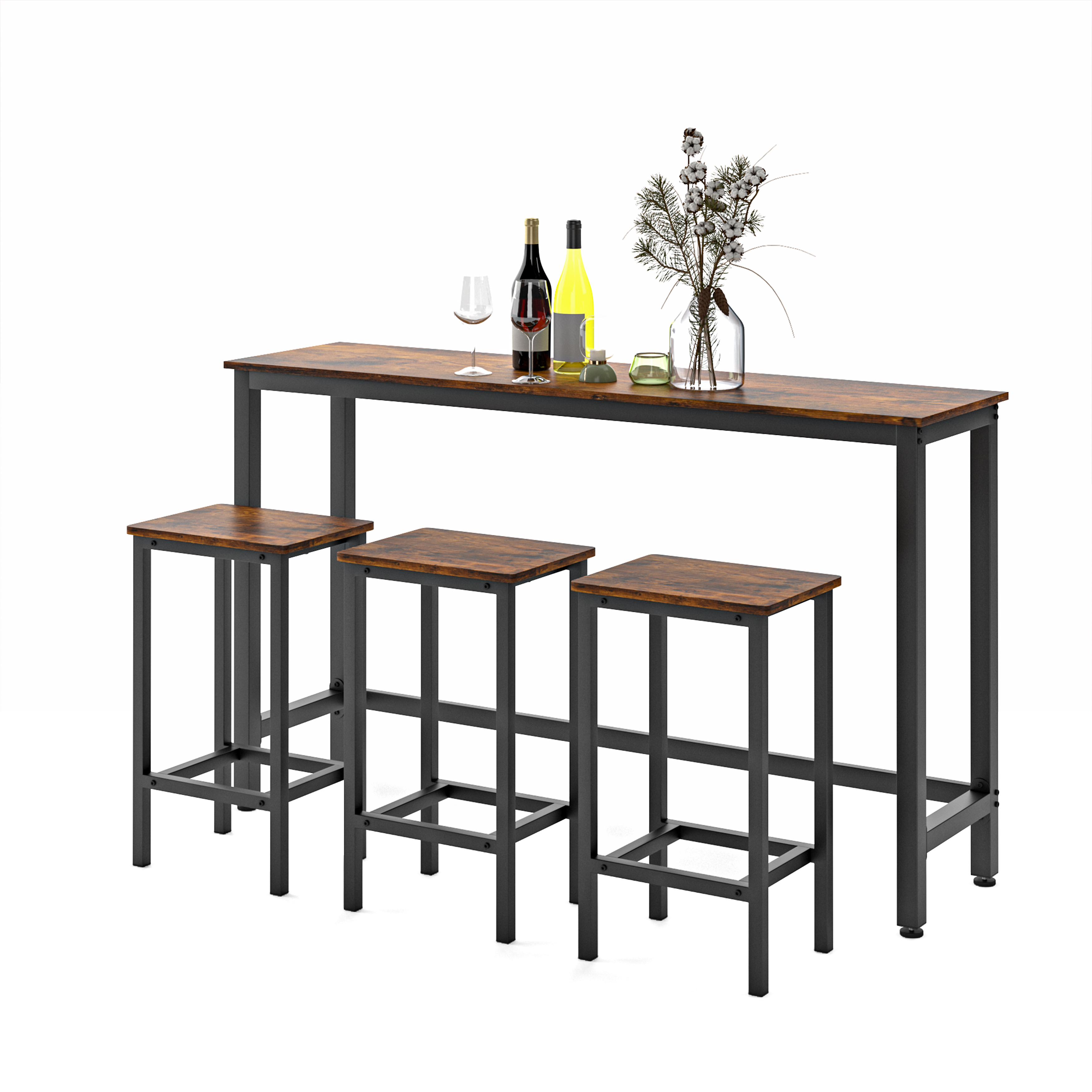 4Piece Counter Height Dining Set, Long Pub Table and 3 Stools Set
