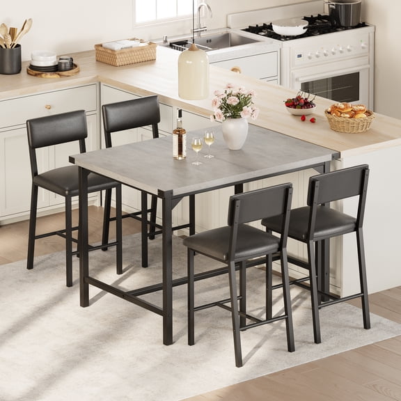 4-Piece Counter-Height Dining Set: Table with 4 Upholstered Bar Stools, Footrest & Backrest, Corner Protectors for Small Spaces