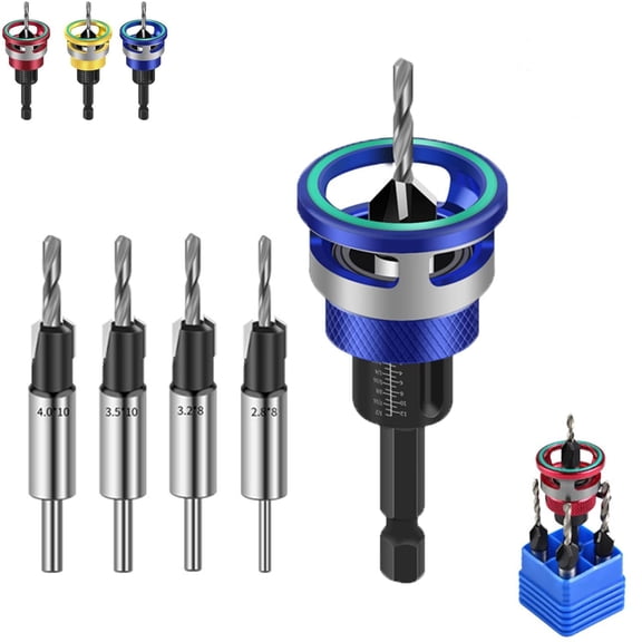 4-Piece Counterbore Drill Bit Set with Adjustable Depth Stop Two-Flute Countersink & Tapered Drill Bits for Woodworking, Cabinetry, DIY, Includes Storage Case (Blue) P