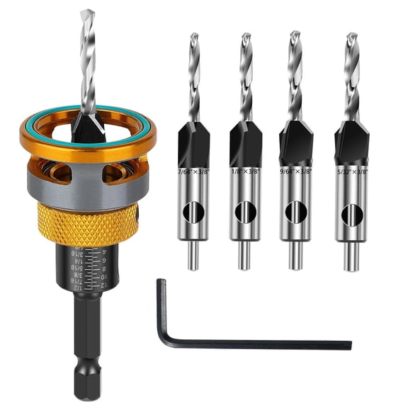 4-Piece Countersink Drill Bit Set  M2 HSS Pilot Bits with Adjustable Depth Stop, HCS Sharp Blades, 82 Imperial Standard for Wood, Aluminum & Non-Ferrous Metals