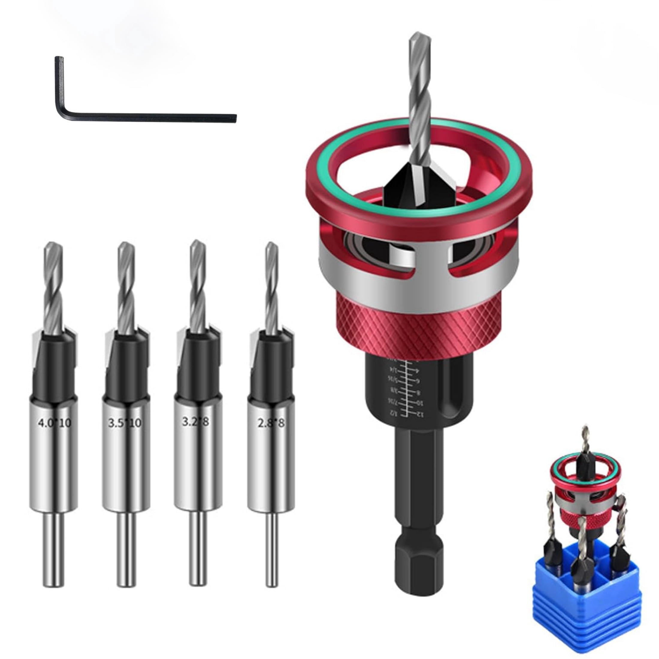 Countersink Drill Bit Set with Adjustable Depth Stop,HSS M2 Tapered Pilot Bits for Wood Plastic and Soft Metal, Woodworking Tool Kit (Red)