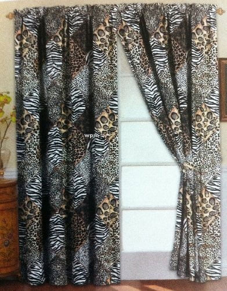 84" Black and White Jungle Safari Polyester Window Panels with Tie Backs