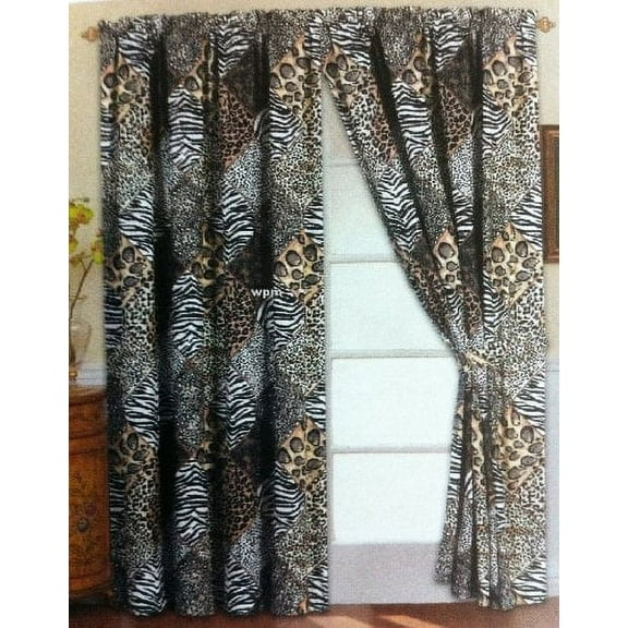 4 Piece Curtain Set: 2 Jungle Safari Black White Giraffe Zebra Panels & 2 Tie Backs