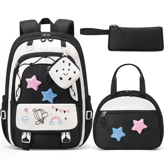 4-Piece Cute Backpack Set - Waterproof Backpack with Lunch Box, Pencil Case & Headphone Bag Set, Black & White