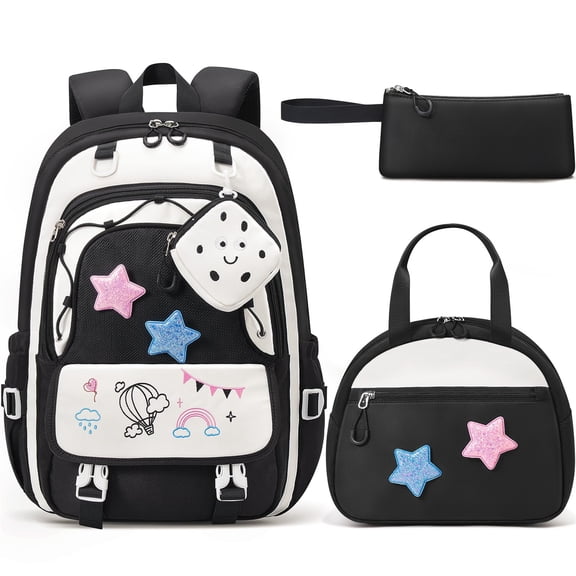 4-Piece Cute Backpack Set - Waterproof Backpack with Lunch Box, Pencil Case & Headphone Bag Set, Black & White