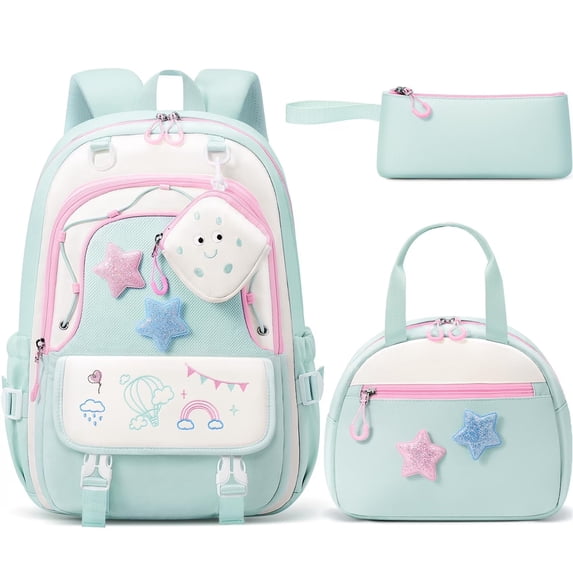 4-Piece Cute Backpack Set - Waterproof Backpack with Lunch Box, Pencil Case & Headphone Bag Set, Green & Pink