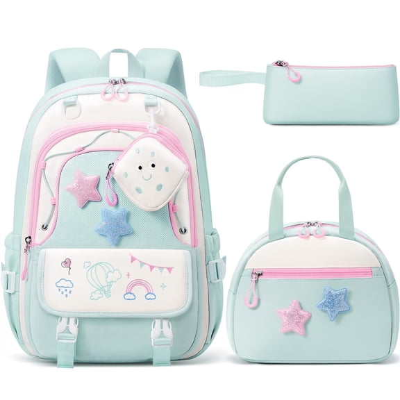 4-Piece Cute Backpack Set - Waterproof Backpack with Lunch Box, Pencil Case & Headphone Bag Set, Green & Pink