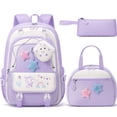 thumbnail image 1 of 4-Piece Cute Backpack Set - Waterproof Backpack with Lunch Box, Pencil Case & Headphone Bag Set, Purple & White, 1 of 9