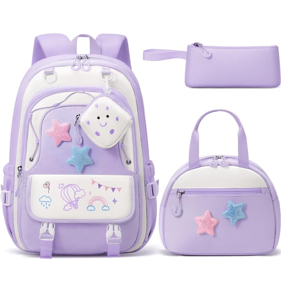 4-Piece Cute Backpack Set - Waterproof Backpack with Lunch Box, Pencil Case & Headphone Bag Set, Purple & White