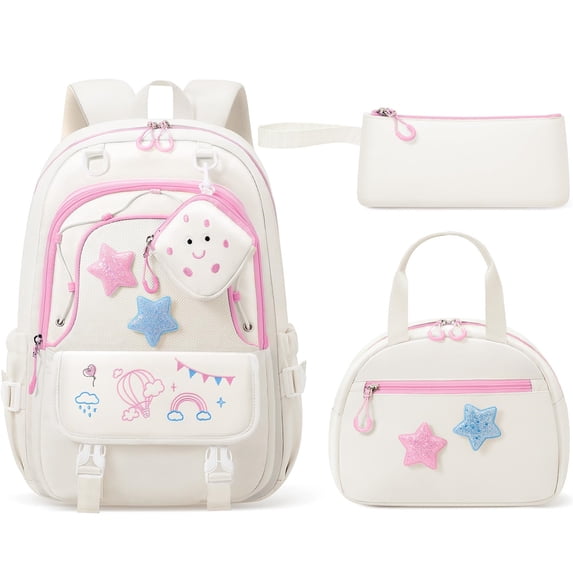4-Piece Cute Backpack Set - Waterproof Backpack with Lunch Box, Pencil Case & Headphone Bag Set, White & Pink