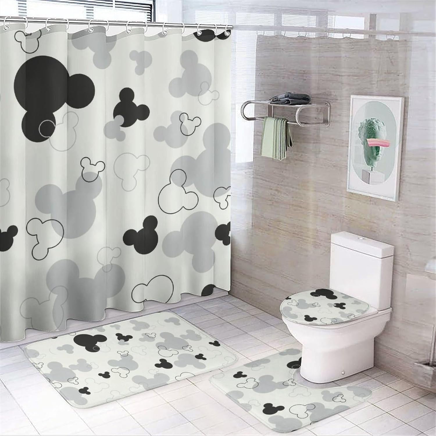 4 Piece Cute Cartoon Shower Curtain Set with Non-Slip Rugs, Toilet Lid Cover and Bath Mat， Bathroom Set Decor72 x 72inch