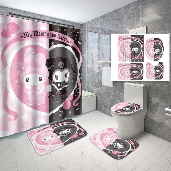4 Piece Cute Cartoon Shower Curtain Sets with Non-Slip Rug,Toilet Lid Cover and Absorbent Carpet Bath Mat,Durable Waterproof Shower Curtain with 12 Hooks for Bathroom 70.8" x70.8''