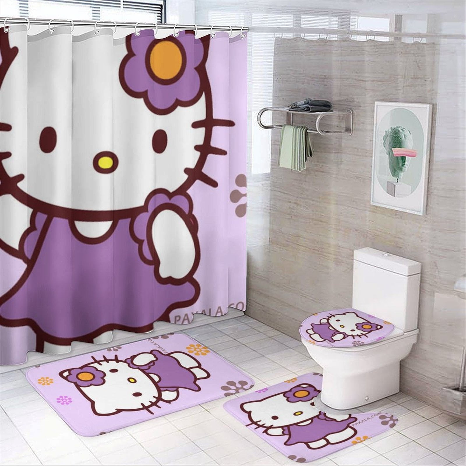 4 Piece Cute Hello Kitty Purple Snowflake Cartoon Shower Curtain Set ...