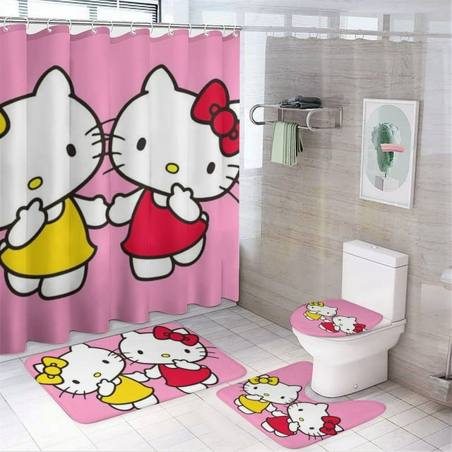 4 Piece Cute Hello Kitty Take A Walk Cartoon Shower Curtain Set with