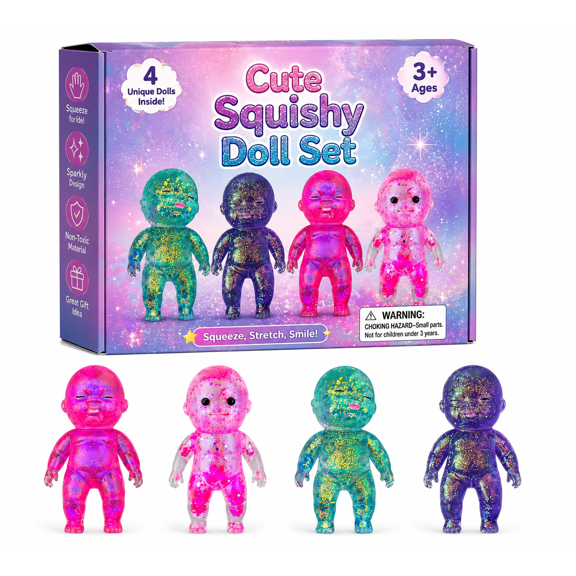 4-Piece Cute Squishy Doll Set, Sparkly Design, Non-Toxic, Ages 3+