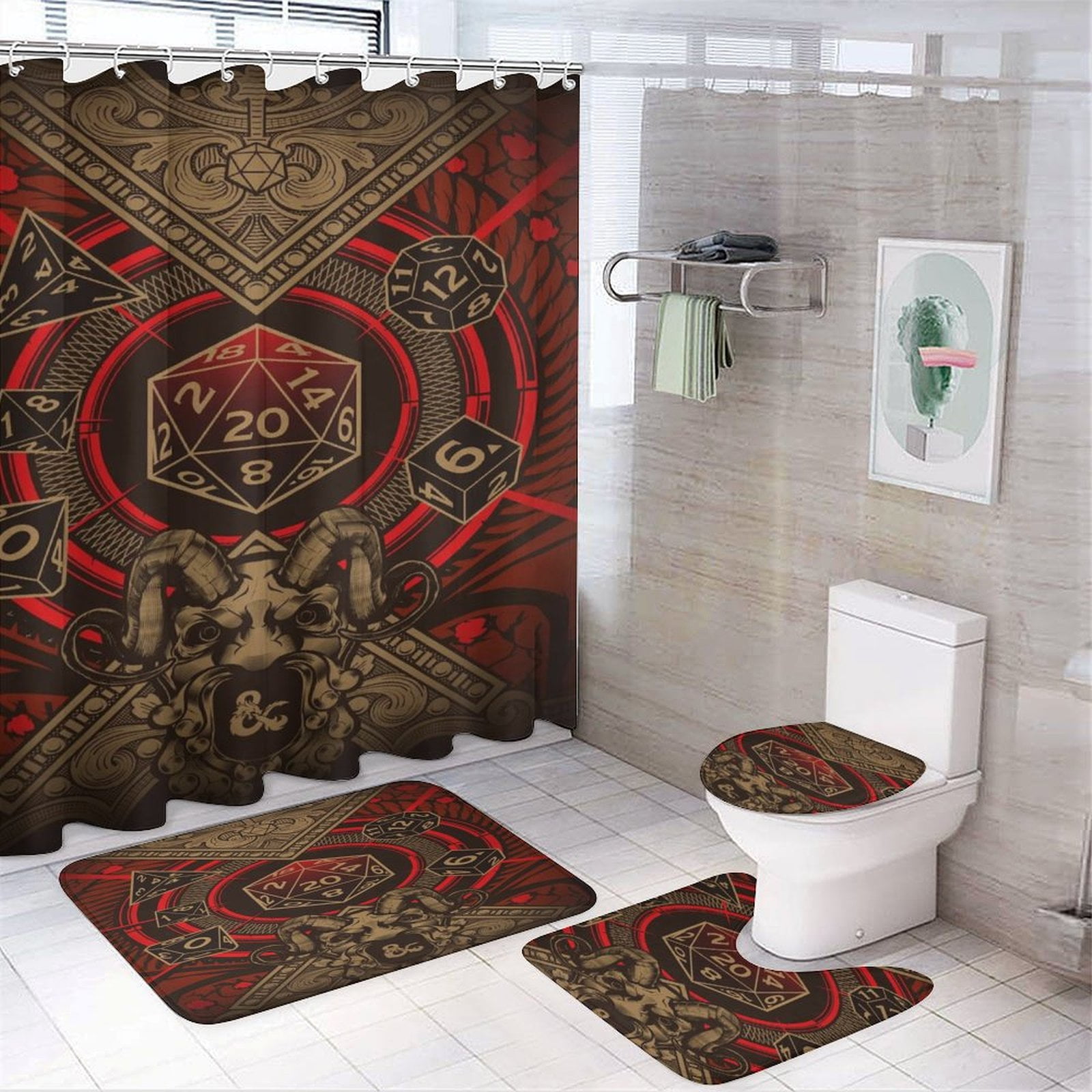 4 Piece DND Dungeons And Dragons Shower Curtain Set with NonSlip Rug