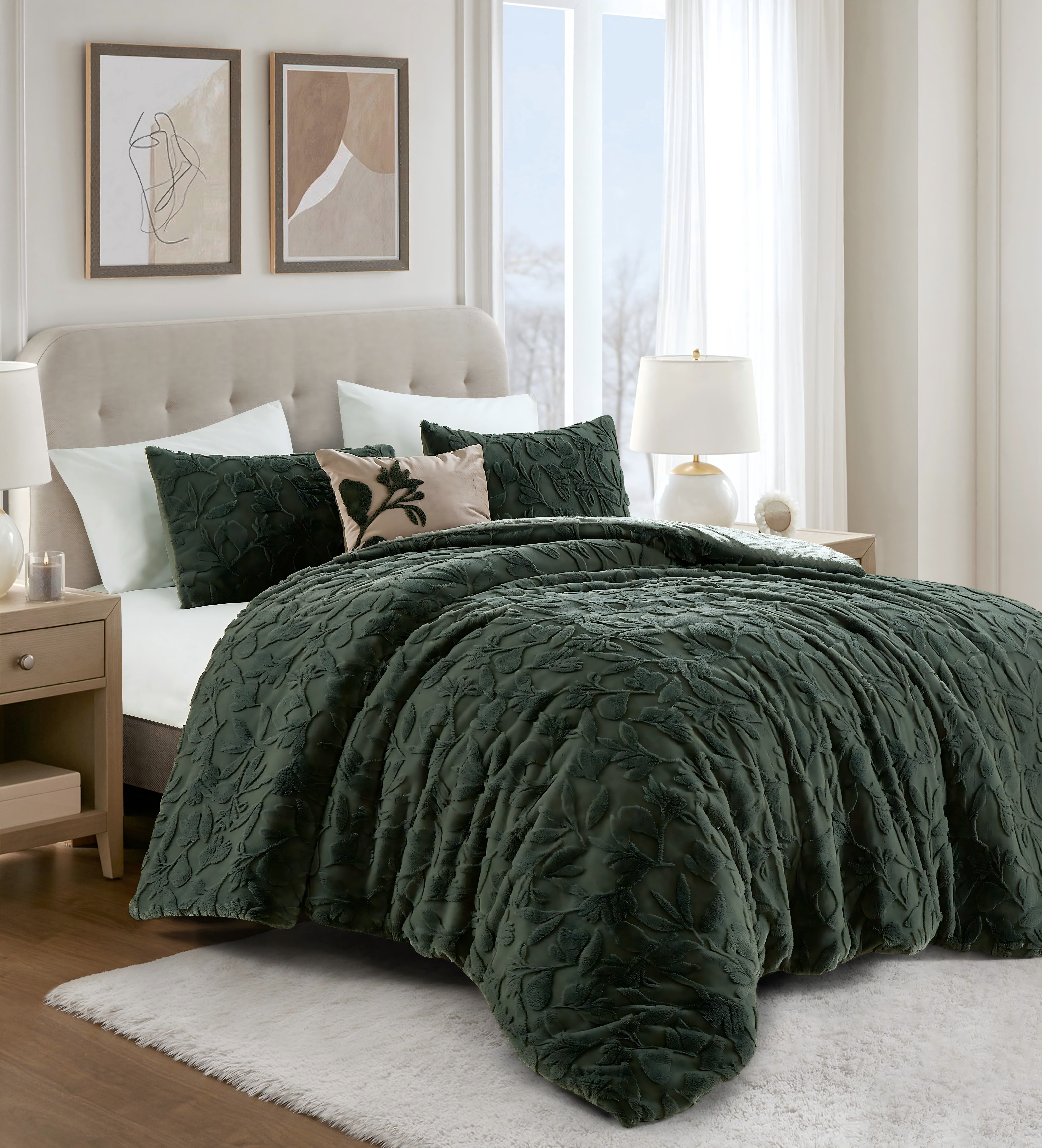 4-Piece Dark Green Faux Fur Comforter Set, Queen