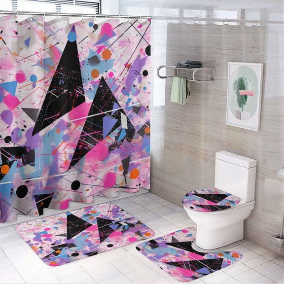 4 Piece Decor Shower Curtains Sets Abstract Colorful Triangles Pink Black Rug Toilet Lid Cover And Non-Slip U Shape Mat Abstract Striped Graphic Farmhouse Bathroom Shower Set 72inch X 72inch