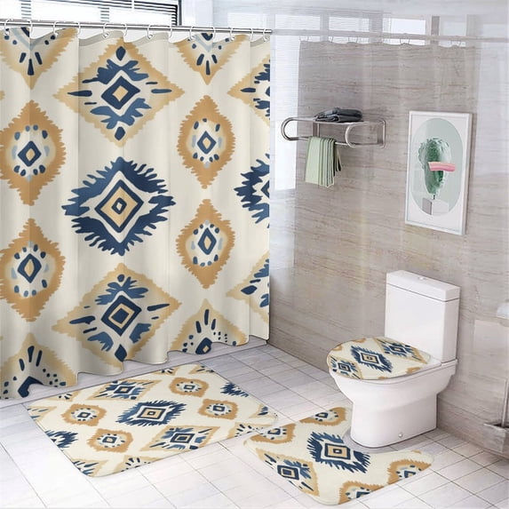 4 Piece Decor Shower Curtains Sets Bath Mat U-Shaped Floor Mat Toilet Lid Oval Rug Colorful Geometric Pattern Bohemian Waterproof Shower Curtain Luxury Boho Geometric Fabric Print