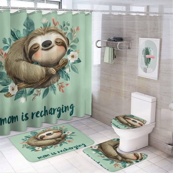 4 Piece Decor Shower Curtains Sets Bath Mat U-Shaped Floor Mat Toilet Lid Oval Rug Cute Cartoon Sloth Sleeping on Branch Waterproof Shower Curtain Mother Gift for Bathroom Decor Set
