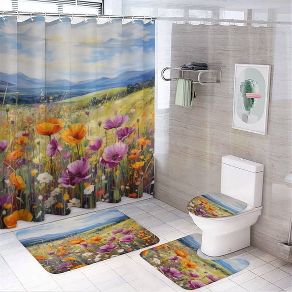 4 Piece Decor Shower Curtains Sets Bathroom Sets with Curtain Rug Toilet Cover And U Shaped Mat A Field Full of Wild Flowers Waterproof Durable Bathroom Decor Shower Spring Summer Wildflower
