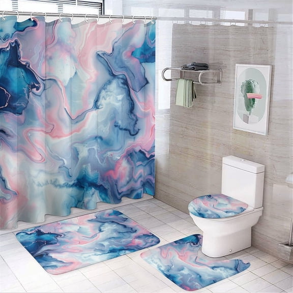 4 Piece Decor Shower Curtains Sets Bathroom Sets with Shower Curtain And Rugs 4 Piece Light Blue Pink Marble Texture Waterproof Fabric Bath Curtain Stone Surface Pattern for Bathtub Decor