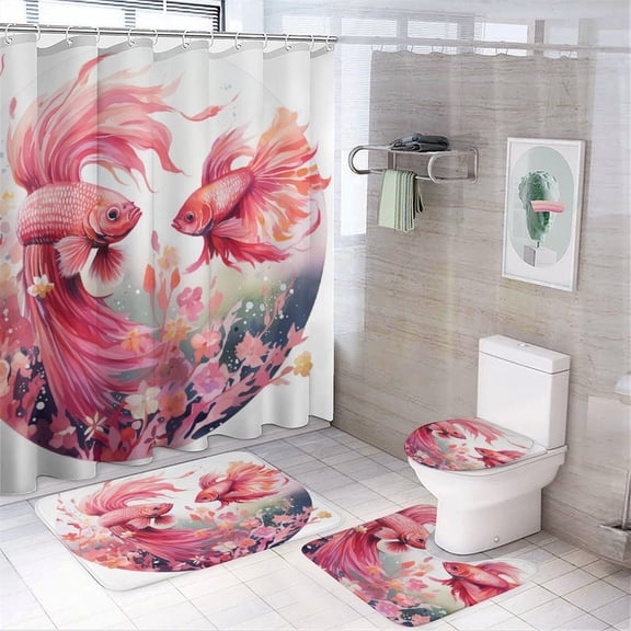 4 Piece Decor Shower Curtains Sets Bathroom Shower Curtain Set with Rugs Pink Goldfish Durable And Waterproof Cute Animals Pets Fish Luck Beautiful Colorful Goldfish for Bathroom Decor