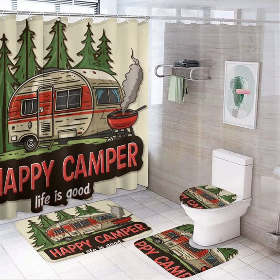 4 Piece Decor Shower Curtains Sets Happy Camper Life Is Good Bathroom Sets with Curtain Rug Toilet Cover And U Shaped Mat Vintage Decorative Camping Bathroom Shower Curtains Sets