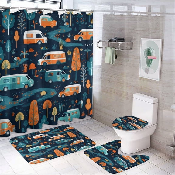 4 Piece Decor Shower Curtains Sets Happy Camper with Non-Slip Rugs Toilet Lid Cover And Bath Mat Adventure Car-Camper Bathroom Decor Set with Accessories for Bathroom Decor Set 72inch X 72inch