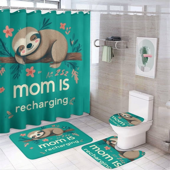 4 Piece Decor Shower Curtains Sets with Non-Slip Rugs Toilet Lid Cover And Bath Mat Bathroom Decor Set Cute Sleeping Sloth on Branch Bath Curtain Sloth Funny Lazy Animal Set