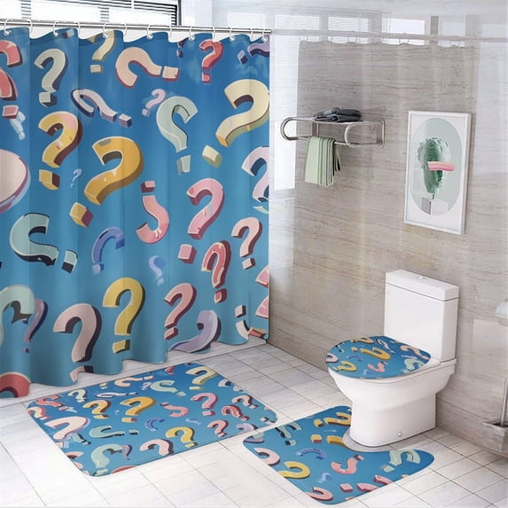 4 Piece Decor Shower Curtains Sets Non-Slip Rugs And Toilet Mat Lid Rug Accessories Blue Sky With The Question Marks Waterproof Fabric Bath Curtain Modern Abatract for Bathtub Decor