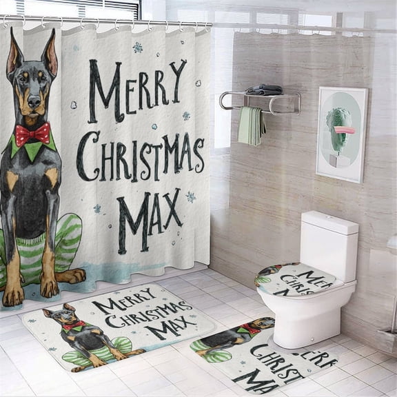 4 Piece Decor Shower Curtains Sets Personalised Big Dog Doberman with Rugs Include Waterproof Shower Curtain Non-Slip Rug Toilet Lid Cover Bath Mat Personalized Gifts Shower Curtain with 12 Hooks
