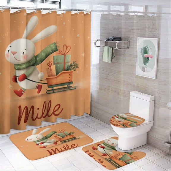 4 Piece Decor Shower Curtains Sets Personalised Sleigh Rabbit Bathroom Decor Set with Non-Slip Rugs Toilet Lid Cover And Bath Mat Personalized Gifts 12 Plastic Hooks for Bathroom Decor Set