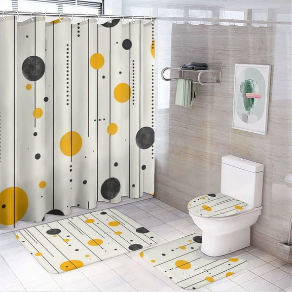 4 Piece Decor Shower Curtains Sets Rug Toilet Lid Cover And Non-Slip U Shape Mat Yellow And Black Dots Stripes Waterproof Shower Curtain Geometric Circle Pattern for Bathtub Decor
