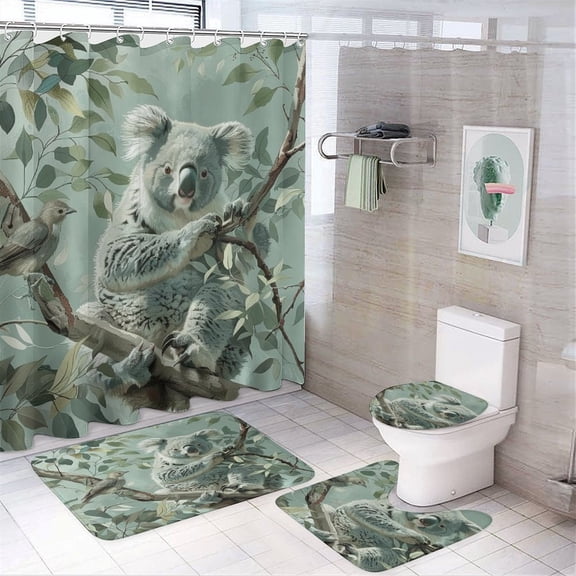 4 Piece Decor Shower Curtains Sets with Rugs Include Waterproof Shower Curtain Non-Slip Rug Toilet Lid Cover Bath Mat Koala Bear And A Bird With Green Leaves Custom Koala Bear