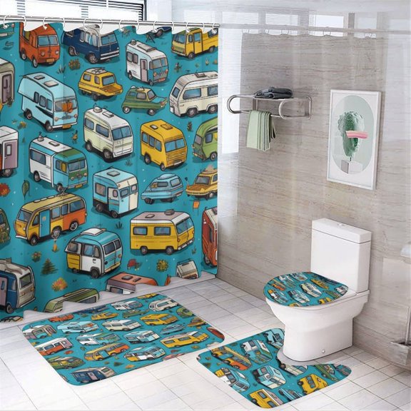 4 Piece Decor Shower Curtains Sets with Rugs Toilet Lid Cover And Bath Mat Camper Trailers Waterproof Personality Pattern Bath Curtain Camping Adventure Theme for Bathroom Decor