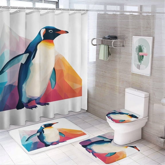 4 Piece Decor Shower Curtains Sets with Rugs Toilet Lid Cover And Bath Mat Colorful Cartoon Painting Penguin Waterproof Durable Bathroom Decor Shower Couple Penguins Lovers for Bathtub Decor
