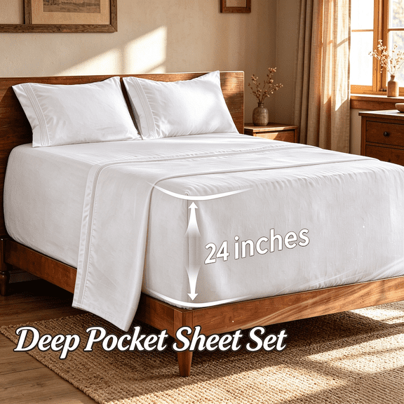 4 Piece Deep Pocket Cooling Sheet Set Stretchable For 24 Inch Thick Mattress Wrinkle Proof Color Retention Full Elastic Prevents Shifting Machine Washable Dorm Bedroom Bedding Gift-Queen