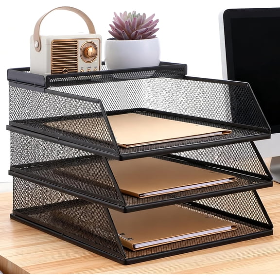 4-Piece Desk Organizer Set with 3 Slanted Paper Trays and Top Caddy, Metal Mesh Desktop File Organizer, Stackable Letter Trays for Document Storage in Home, Office, School (Black)