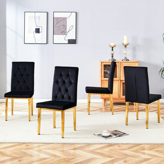 4 Piece Dining Chairs - Black Velvet With Gold Metal Legs, Modern & Classic Design For Kitchens, Conference Rooms. Diamond , Grid Design, Comfort Elegance Combined. Easy Assembly 4 Chair Upholstery,