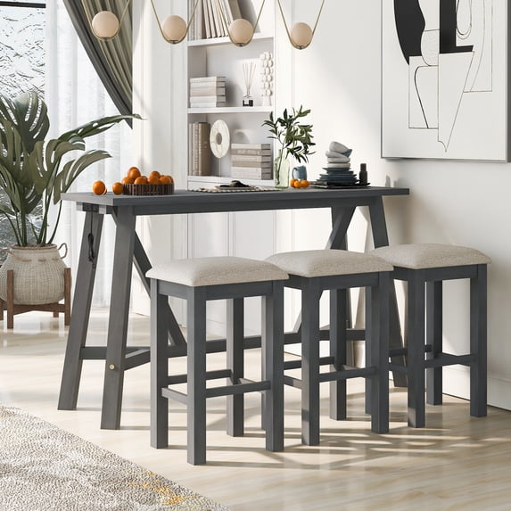 4-Piece Dining Room Table, Dining Table For 3 With USB Port And Power Board, Bottom Shelf, 3 Upholstered Bar Stools, Cushion, Modern Furniture Set