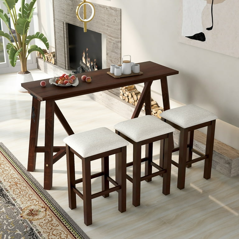 4 Piece Dining Set for 3 Counter Height Dining Table and Cushioned Stools Set Pub Bar Dining Table Set with Socket Kitchen Breakfast Dinette Set for Small Places Dark Walnut D9277 Walmart